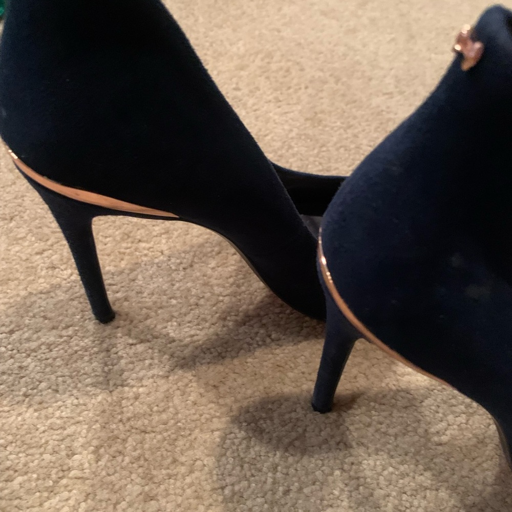 Ted Baker London Navy Blue Suede High Heels with Gold Trim
